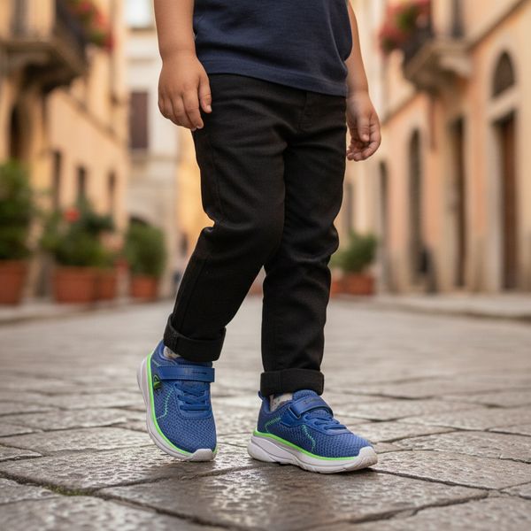 Young child wearing blue and green trainers walking on a cobblestone street in a quaint town