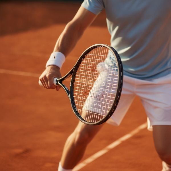Close-up of a tennis player preparing to hit a shot with a racket on a clay court, wearing light top and white shorts