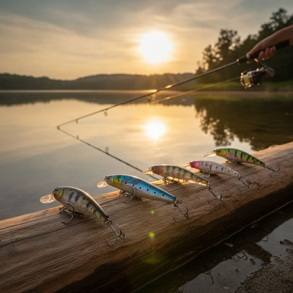 Row of colourful fishing lures on a log by a calm lake at sunset, fishing rods cast into water and treeline reflection