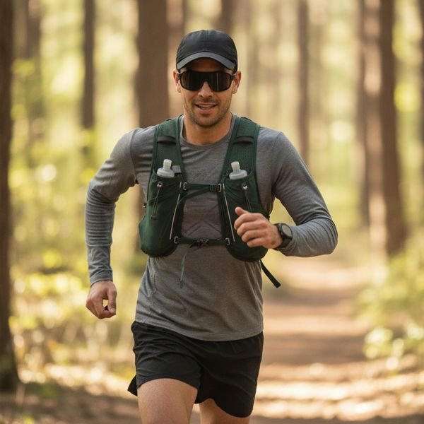 Trail runner wearing cap, sunglasses and hydration vest running on a sunlit forest path
