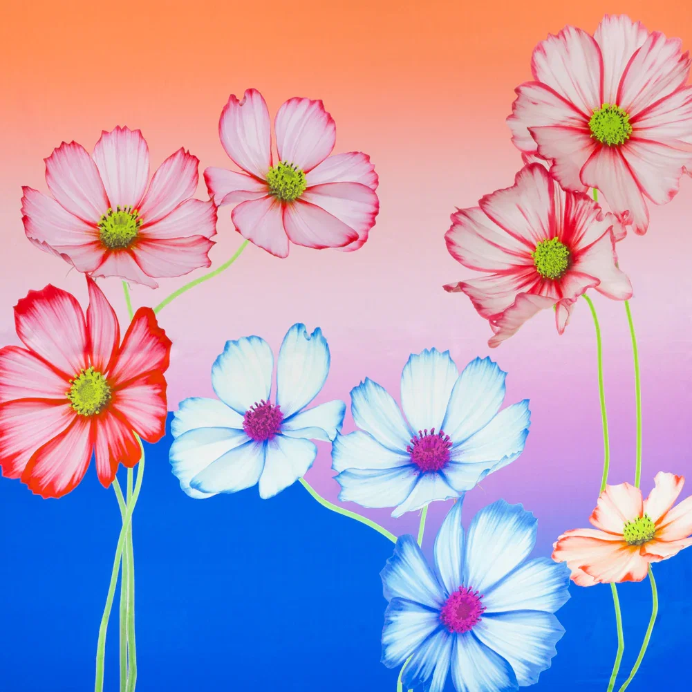 Image of Silk Charmeuse Panel 16MM, Made in Italy - Blue, Pink and Peach Flowers and Ombre