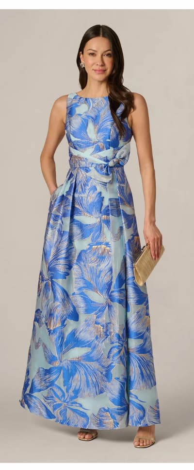 Metallic Iris Floral Organza Gown In Blue Multi