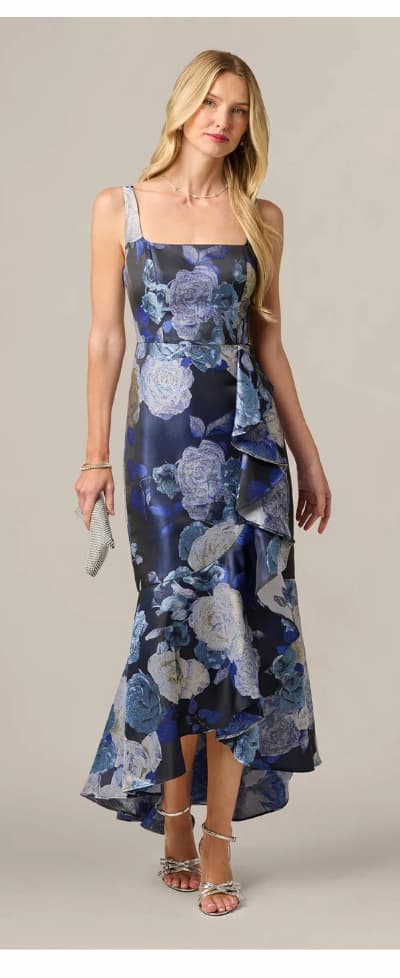 Metallic Floral Jacquard High Low Draped Gown In Blue Multi