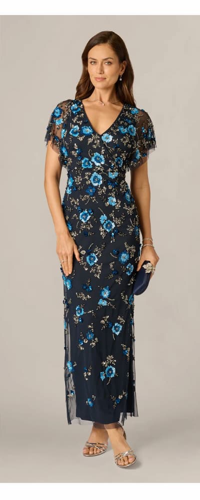 Flutter Sleeve Floral Beaded Column Gown In Midnight Multi