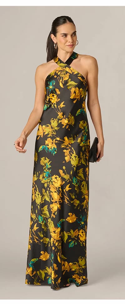 Floral Stretch Satin Scarf Halter Gown In Black Multi