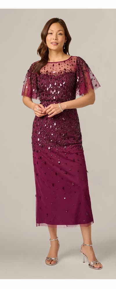 Flutter Sleeve Sequin Beaded Midi Dress In Bordeaux
