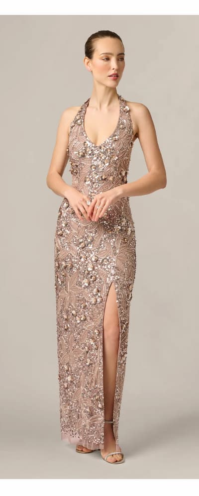 3D Floral Sequin Beaded Halter Gown In Smokey Mauve