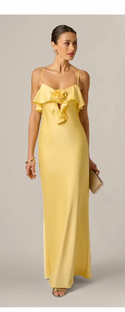 Stretch Satin Flounce Rosette Slip Gown In Butter Yellow