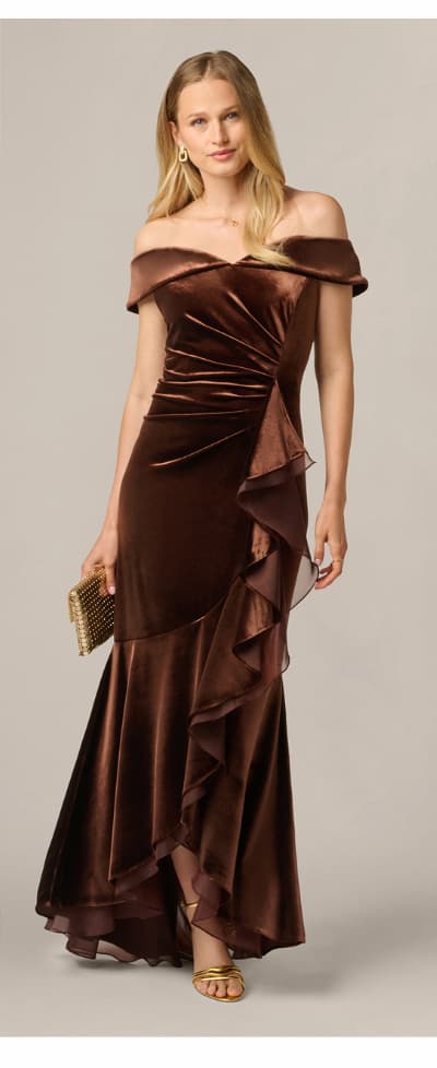 Off The Shoulder Velvet Mermaid Gown With Organza Ruffle In Dark Brown