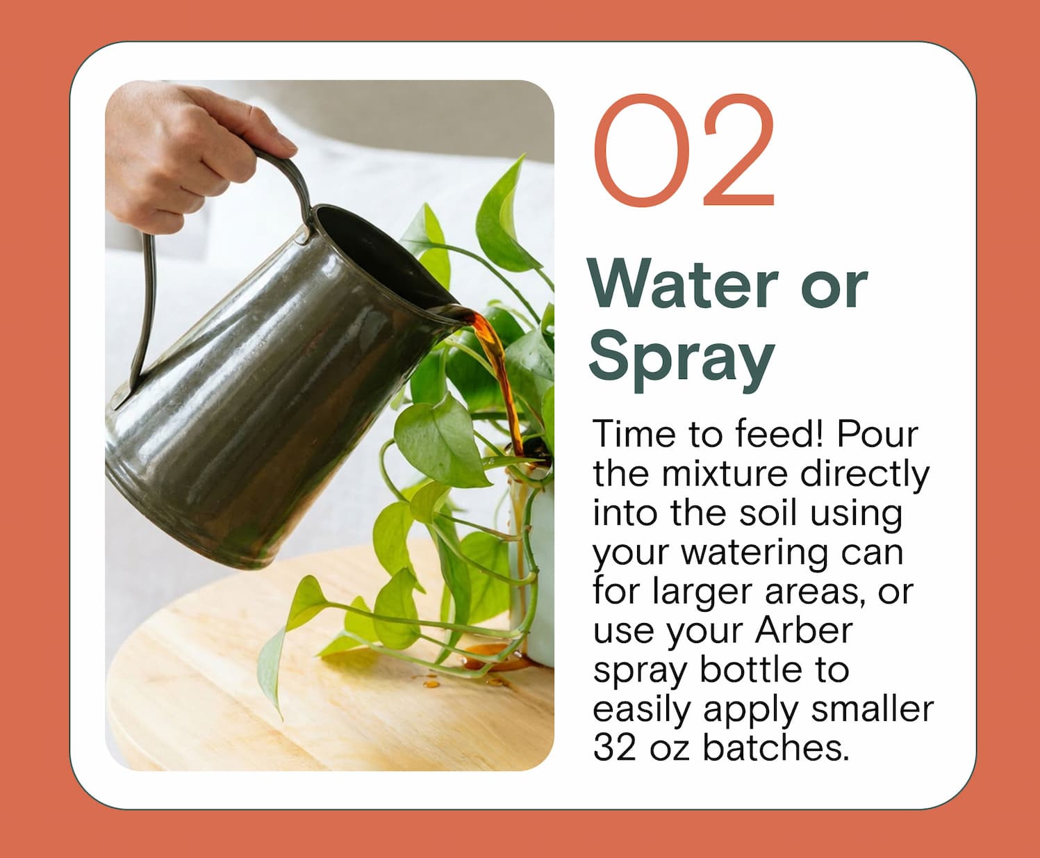 02 Water or Spray Time to feed! Pour the mixture directly into the soil using your watering can for larger areas, or use your Arber spray bottle to easily apply smaller 32 oz batches.