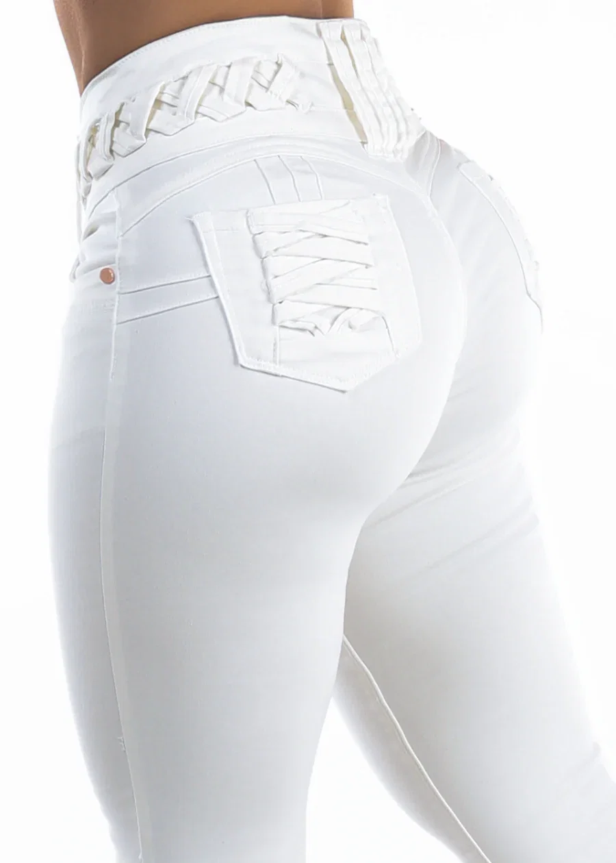 Image of MX JEANS Butt Lift High Waist Stretch Skinny Jeans White w Lace Up Design