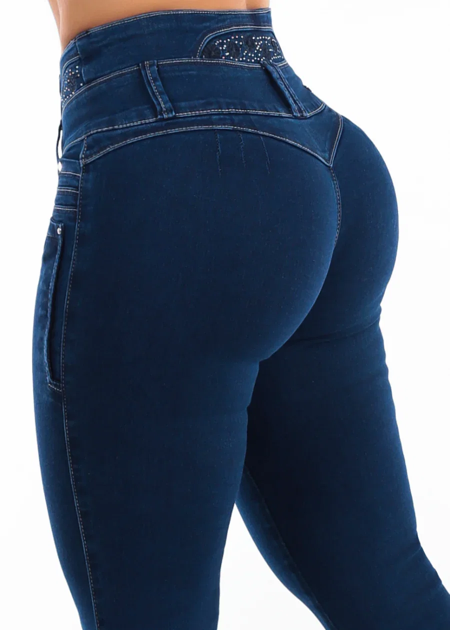 Image of MX JEANS Embroidered Back Butt Lift Stretch Skinny Jeans Dark Wash