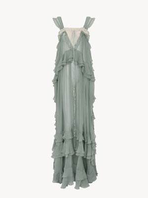 Sleeveless layered long dress in silk mousseline & lace