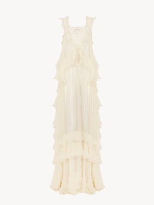 Sleeveless layered long dress in silk mousseline & lace