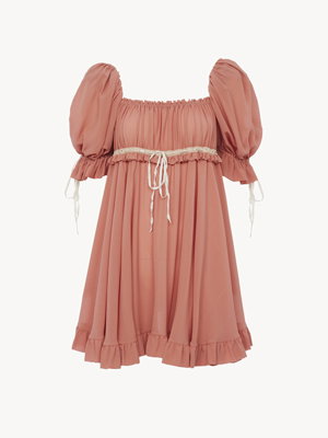 Puff-sleeve mini dress in silk georgette