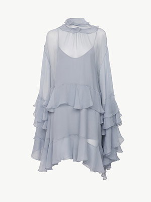 Ruffled mini dress in silk mousseline