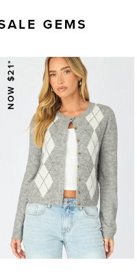 Grey Check Knit Top Long Sleeve Round Neck Argyle
