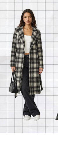 Black Check Belted Coat Knee Length Long Sleeve