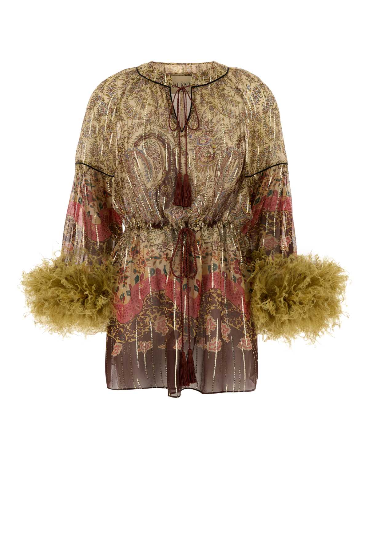 Valentino Garavani Feathered Silk and Metallized Sweater — Beige