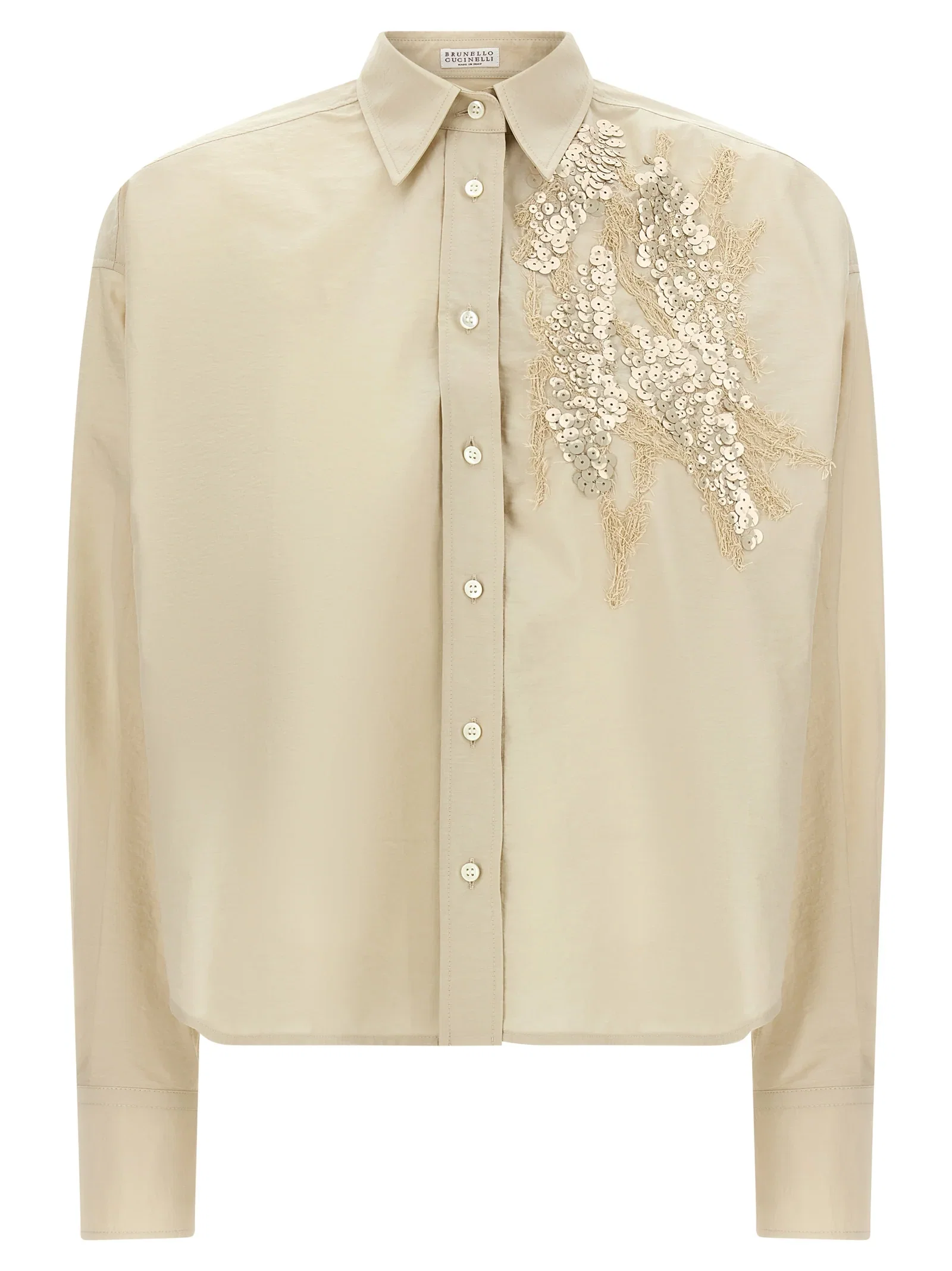 Brunello Cucinelli Sequin-Embroidered Cotton Blouse — Beige