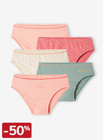 Pack of 5 Fancy Briefs in Rib Knit for Girls - nude pink