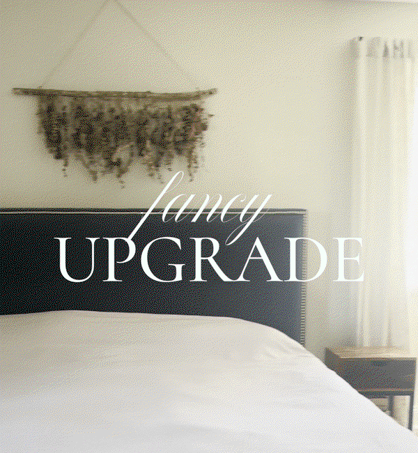 Gif image showing a bedroom with blank wall and then with Tempaper's Fancy Tail Wall mural installed. Text overlay "Fancy Upgrade"