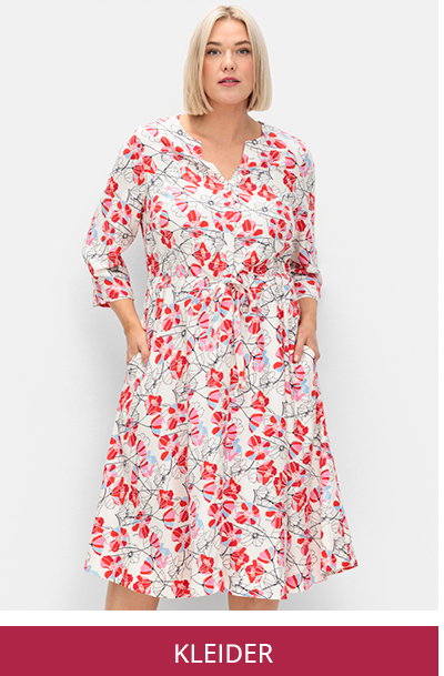 Model in weißem Kleid mit rotpinkem Blumendruck und Link in alle Sale Kleider
