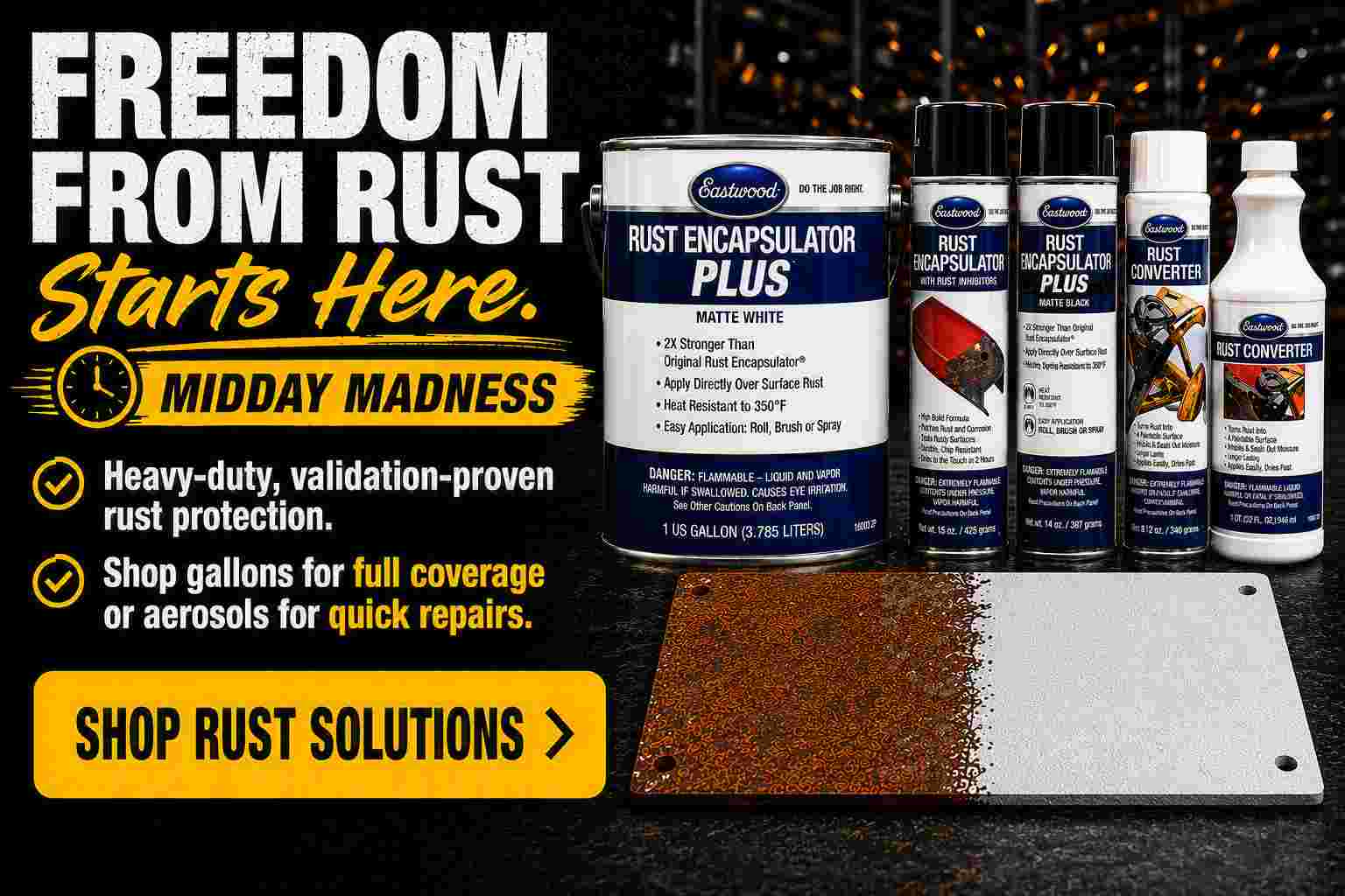 Eastwood Rust Encapsulator products: gallons and aerosols for rust treatment.
