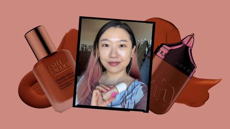 A collage of an Allure editor holding a bottle of Benefit Porefessional Foundation alongside other foundation silos with brown product swatches on a pink background