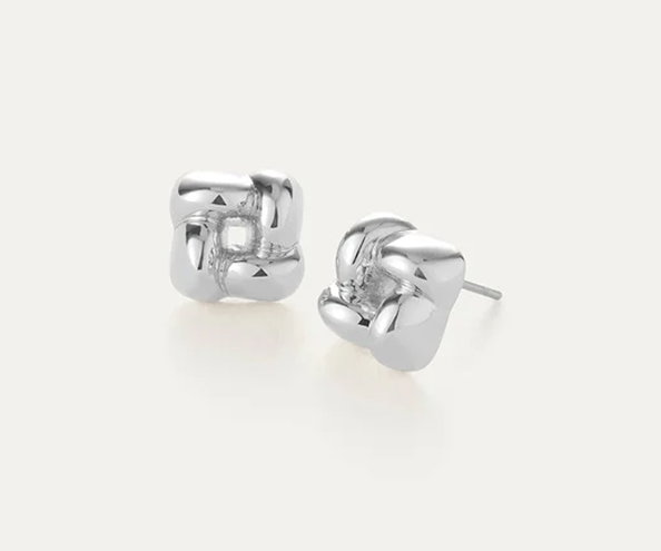two tone woven square silver earrings