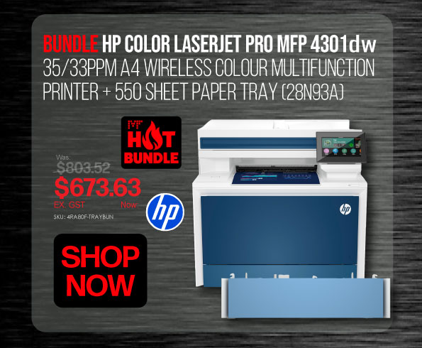 Shop Now Bundle HP Color LaserJet Pro MFP 4301dw Printer + 550 Sheet Paper Tray - Was $803.52, Now $673.63 Ex GST