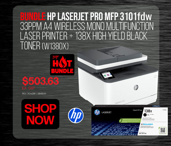Shop Now Bundle HP LaserJet Pro MFP 3101fdw Printer + High Yield Toner (W1380X) - Was $503.63 Ex GST