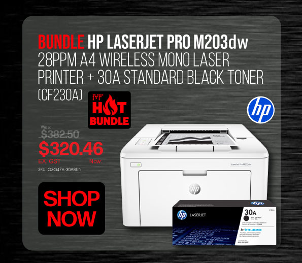 Shop Now Bundle HP LaserJet Pro M203dw Printer + Standard Toner (CF230A) - Was $382.50, Now $320.46 Ex GST