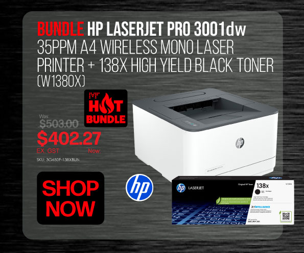 Shop Now Bundle HP LaserJet Pro 3001dw Printer + High Yield Toner (W1380X) - Was $503, Now $402.27 Ex GST