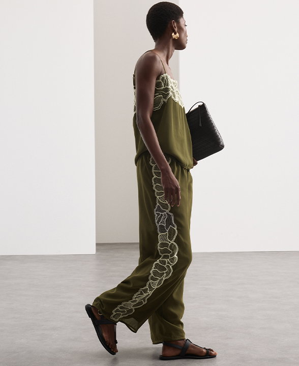 Woman wearing Khaki Floral Embroidered Wide Leg Trousers