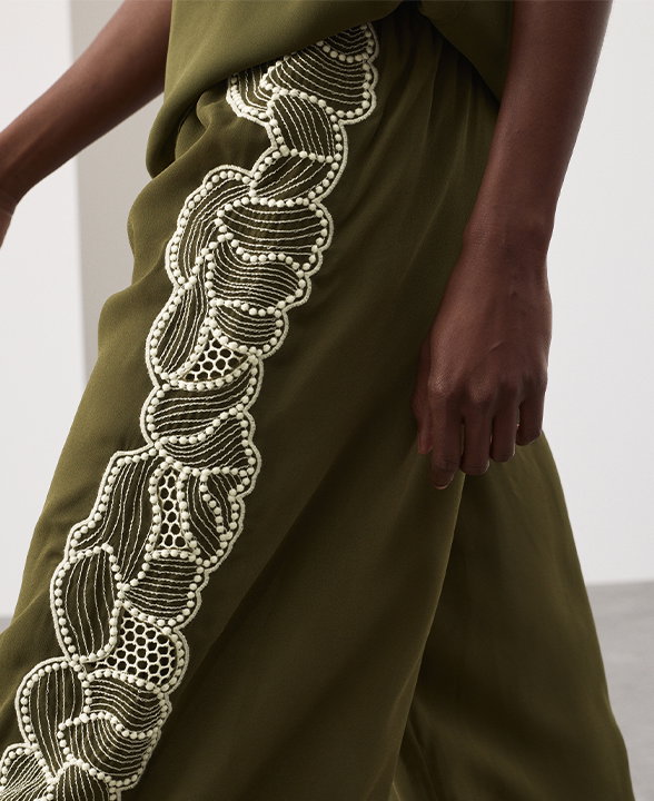 Woman wearing Khaki Floral Embroidered Wide Leg Trousers