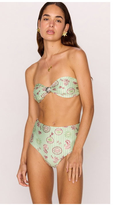 Green Stripe Printed Bikini Bandeau Top with Shell Detail