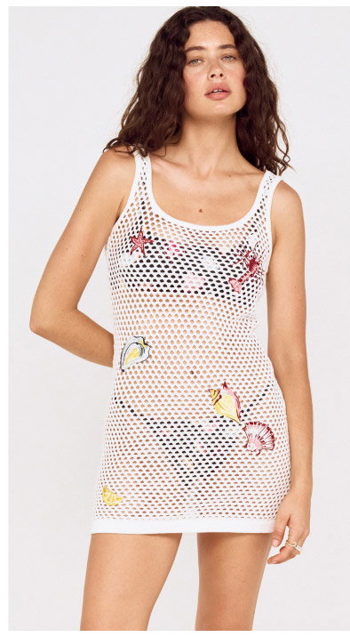 White Crochet Mini Dress with Embroidered Shellfish