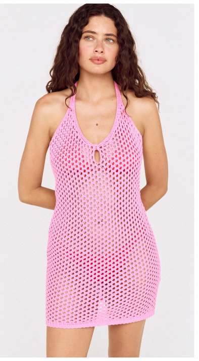Baby Pink Crochet Mini Dress with Halter Neck