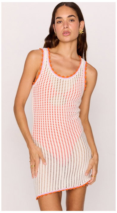 White Cotton Knit Mini Dress with Scallop Contrast Edge