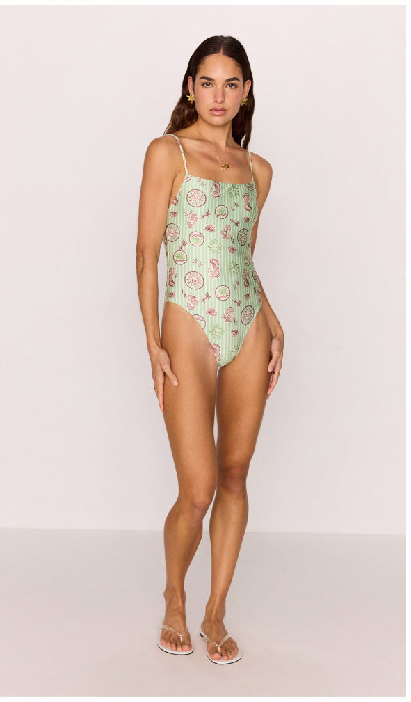 Green Stripe Printed Low-Back One Piece Swimsuit