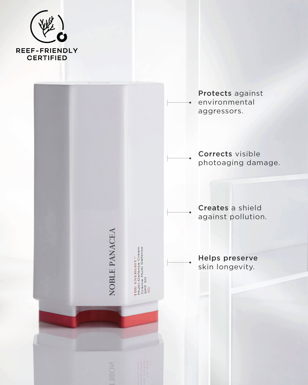 Protects against environmental aggressors - Corrects visible photoaging damage - Creates a shield against pollution - Helps preserve skin longevity