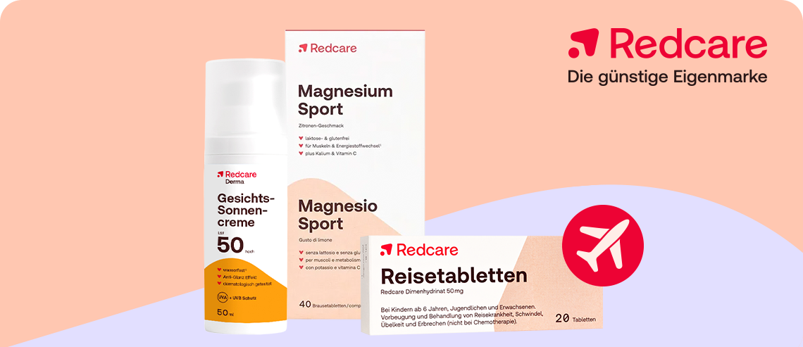 Redcare Reiseprodukte: Magnesium Sport, Gesichts-Sonnencreme SPF 50 und Reisetabletten.