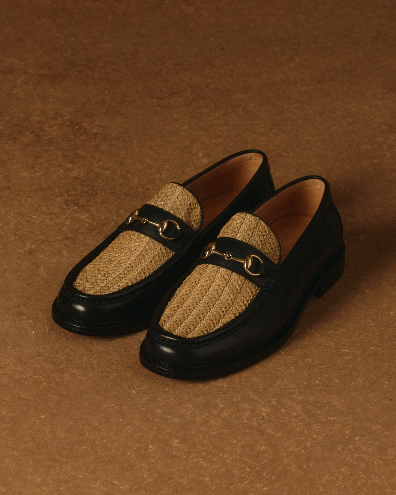 Boardwalk Black/Raffia Leather Horse-Bit Loafers