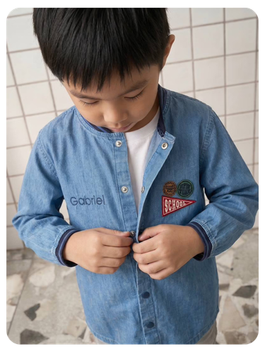 Kinder Malkittel aus Chambray im College-Look personalisierbar - jeansblau