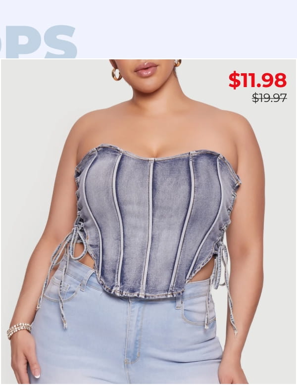 Shop Plus Size Acid Wash Denim Corset Top