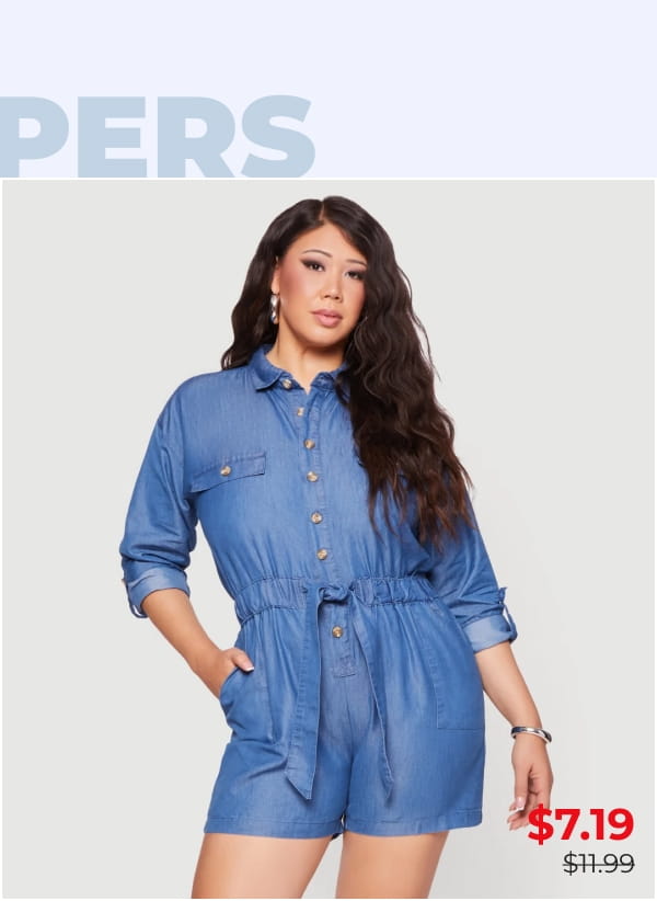Shop Plus Size Chambray Button Front Tie Waist Belted Romper