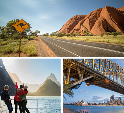Bild-Collage: Schild mit einem Känguru vor dem Ayers Rock, Bootsfahrt im Milford Sound, Harbour Bridge und Opera House in Sydney bei Nacht.