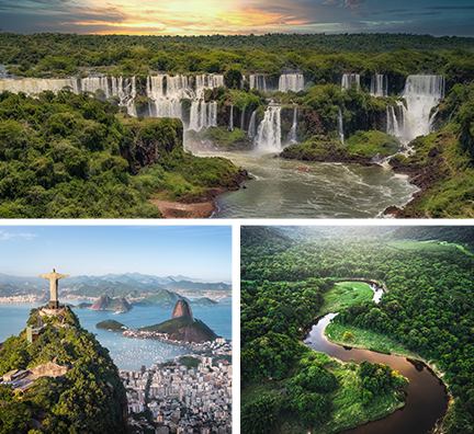 Bild-Collage: Iguazú-Wasserfälle, Christusstatue in Rio de Janeiro und Zuckerhut, Amazonas und Regenwald aus der Vogelperspektive.