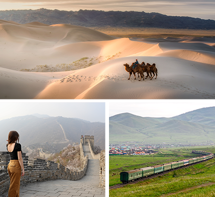 Bild-Collage: Kamela in Wüste Gobi, Frau steht auf der Großen Mauer, Transmongolische Eisenbahn fährt durch eine grüne Landschaft.